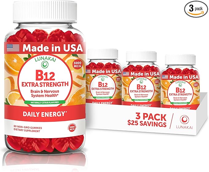 Lunakai Extra Strength 3000mcg Vitamin B12 Gummies - USA Made Delicious Daily Energy &amp Metabolism Support - Vegan B12 Methylcobalamin Supplement 3 Pack