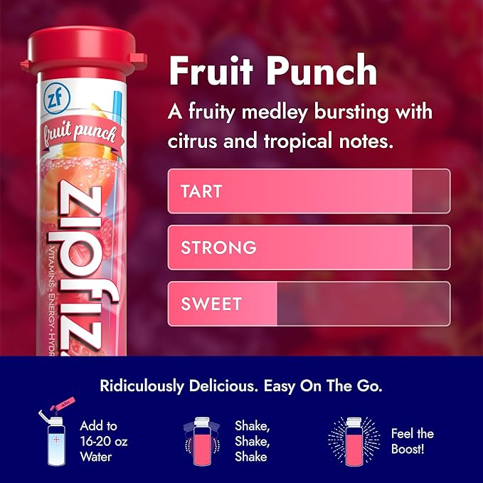 Zipfizz Daily Energy Drink Powder Fruit Punch 20 Pack 3-in-1 Sustained Energy Rapid Hydration and Essential Vitamins Sugar-Free Electrolyte Powder Contains Vitamin B-12 &amp Antioxidants