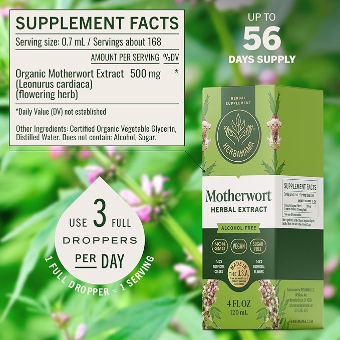 HERBAMAMA Motherwort Tincture - Vegan Motherwort Herb Extract Calming Drops for Women's Support - Non-GMO Alcohol &amp Sugar-Free Liquid Relaxation Supplement 56-Day Supply
