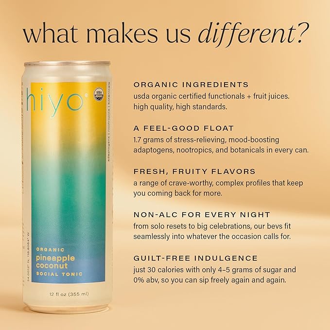 Hiyo Organic Social Tonic - Pineapple Coconut 12 Pack - N.A. Functional Seltzer Sparkling Water Crafted with Organic Adaptogens Nootropics &amp Botanicals