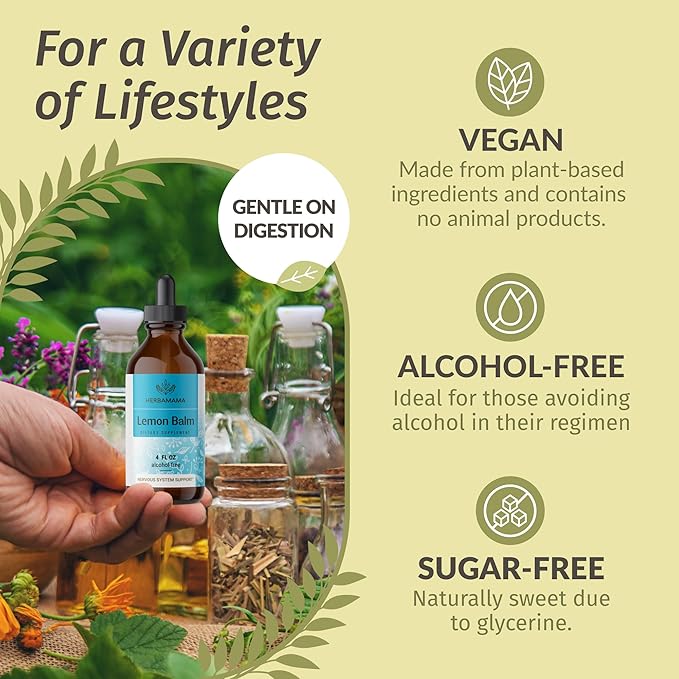 HERBAMAMA Herbal Liquid Drops Kit - Bundle of Lemon Balm 4 fl oz &amp Cat's Claw Tincture 2 fl oz - Vegan Non-GMO Sugar &amp Alcohol-Free - 2 Pack