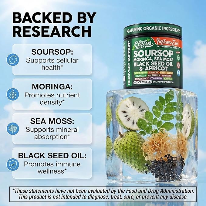 Clean Nutra Soursop Supplement Moringa Sea Moss Black Seed Oil Berberine Turmeric Resveratrol Quercetin Greens Bitters Boswellia Bitter Melon Burdock Root Antioxidant Support 90 Capsules