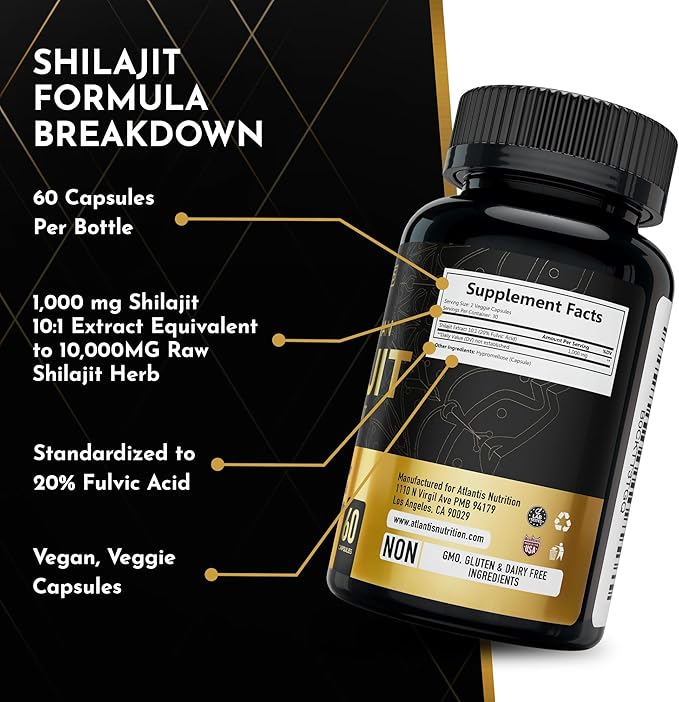 Atlantis Nutrition Himalayan Shilajit Capsules Formulated with 20% Fulvic Acid | 1000MG Per Serving — 10:1 Extract | USA Made | Himalayan Shilajit Supplement for Men &amp Women | 120 Capsules