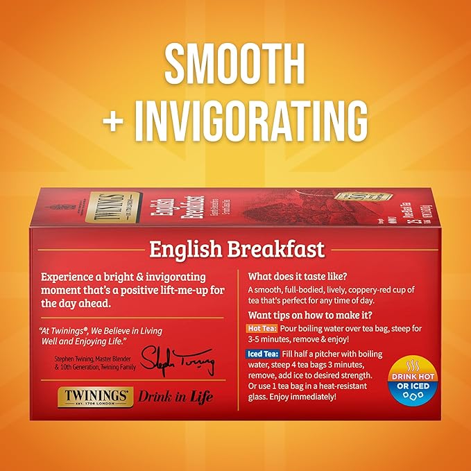 Twinings English Breakfast Black Tea Individually Wrapped Bags 25 Count (Pack of 6) Flavourful Robust Black Tea Caffeinated Enjoy Hot or Iced 150 Teabags