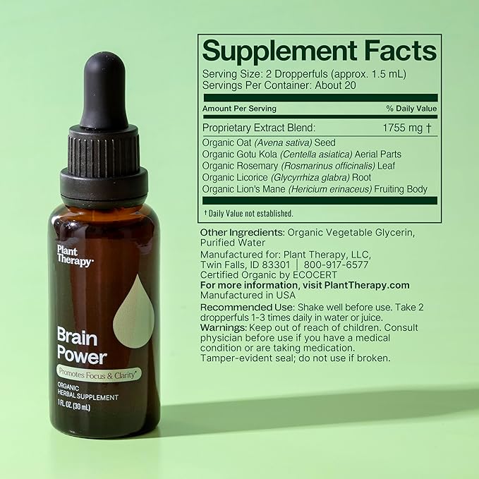 Plant Therapy Organic Brain Power Tincture 30 mL (1 oz) Supports Brain Focus &amp Clarity Helps Mental Alertness &amp Memory Brain Boost Supplement Packed with Benefits