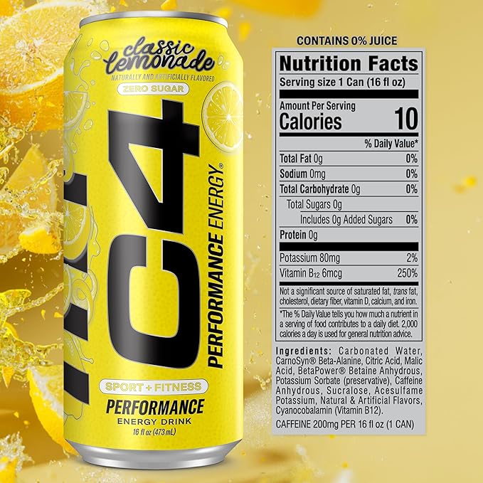 C4 Energy Drink Lemonade Limited Edition Carbonated Sugar Free Pre Workout Performance Drink with no Artificial Colors or Dyes 16oz Pack of 12