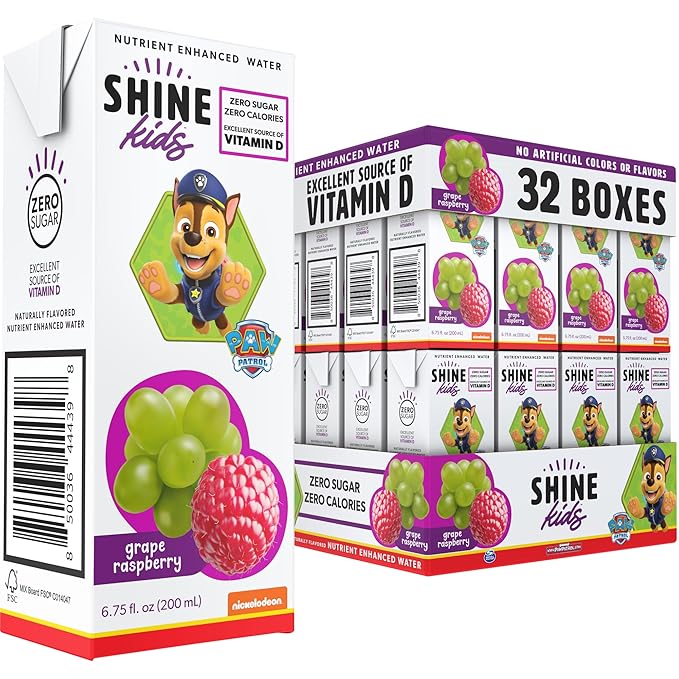 Shine Water x Paw Patrol Grape Raspberry Kids Juice Boxes with Vitamin D | No Added Sugar | Naturally Flavored Drinks for Kids | Vegan Gluten Free Zero Calorie Hydration | 32 Pack