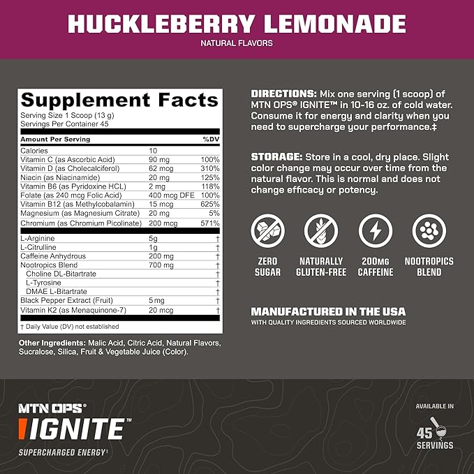 MTN OPS Ignite Energy Drink Powder Gluten Free Nootropic Supplement Drink Mix L Arginine L Citrulline Caffeine &amp Nootropic Sugar Free Drink Mix 45 Servings Huckleberry Lemonade