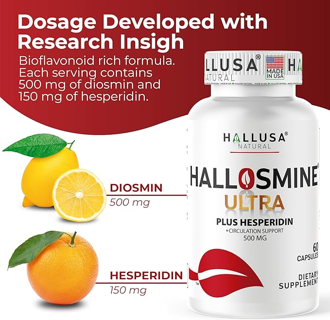 Hallusa Natural Hallosmine Ultra Diosmin 500mg &amp Hesperidin 150mg – Heavy Legs Swelling &amp Vein - Blood Circulation Supplements 60 Caps