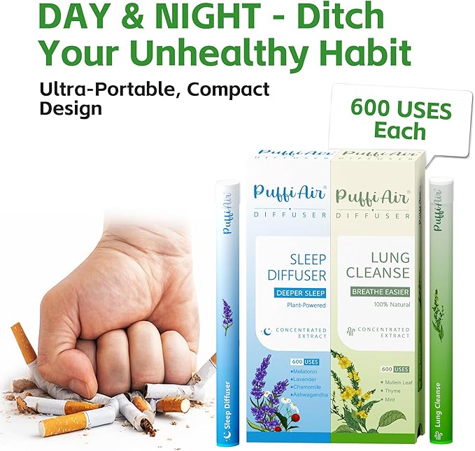 Herbal Diffuser Duo Lung Cleanse and Sleep Diffuser with Extracts of Mullein and Melatonin 100% Natural Swap Day &amp Night Duo 600 Uses Each