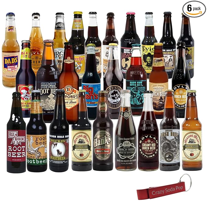 Soda Sampler Pack | Root Beer | Cream | Birch | Sarsaparilla | Premium Crafted Variety Pack from Around USA | Includes Crazy Soda Pop Bottle Opener (6 Pack)
