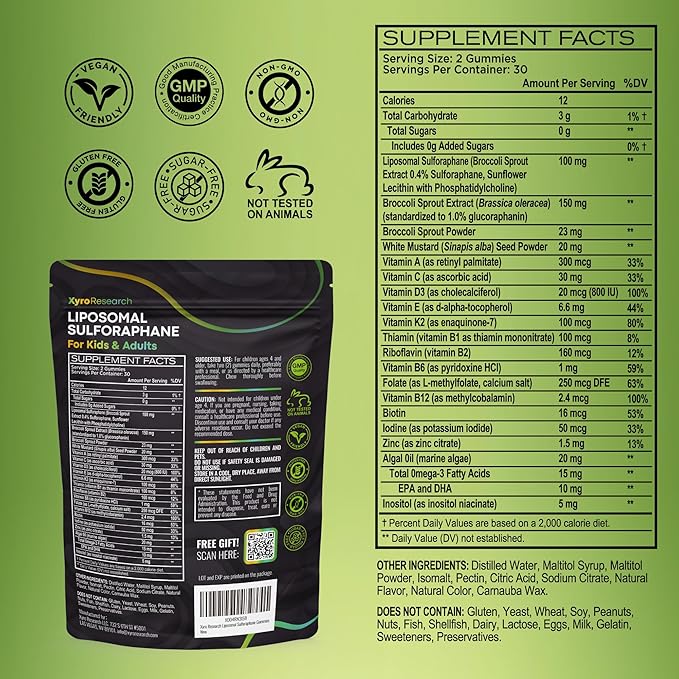 Liposomal Sulforaphane Gummies - 150mg Broccoli Sprout Extract with Vitamins Supplement for Kids Adults - Antioxidant Cellular Health &amp Liver Detox Support - Non-GMO Vegan Sugar-Free
