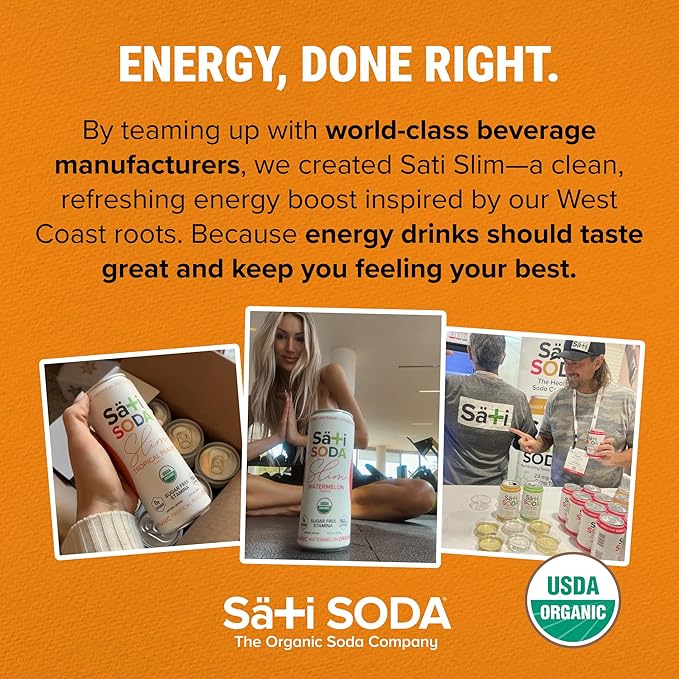 Sati Soda Organic Slim Tropical Peach - Adaptogenic Beverage with Lions Mane Green Coffee Bean &amp Acerola Vitamin C | Zero Calories Zero Sugar (12 Pack of 12 Ounce Cans Tropical Peach)