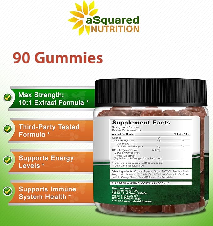 aSquared Nutrition Citrus Bergamot Gummies - Citrus Bergamot Extract Supplement 500mg Per Serving - Pure Gummy Alternative to Capsules &amp Pills