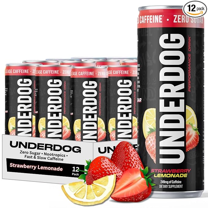 Underdog Performance Energy Drink Strawberry Lemonade Nootropics Green Tea Extract Citrulline Clean Sugar Free Fast &amp Slow Release 249mg Caffeine per Serving No Artificial Additives 12 Pac