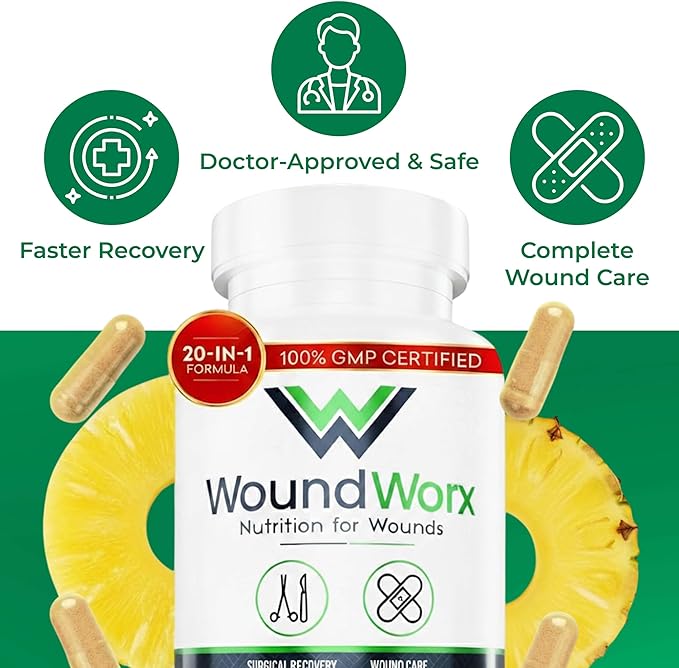 Free Life Labs WoundWorx Nutrition-Scar and Surgery Support Wound Care General and Plastic Surgery Faster Healing w/Vitamins Amino Acids Collagen Probiotics Turmeric Bromelain-90 caps