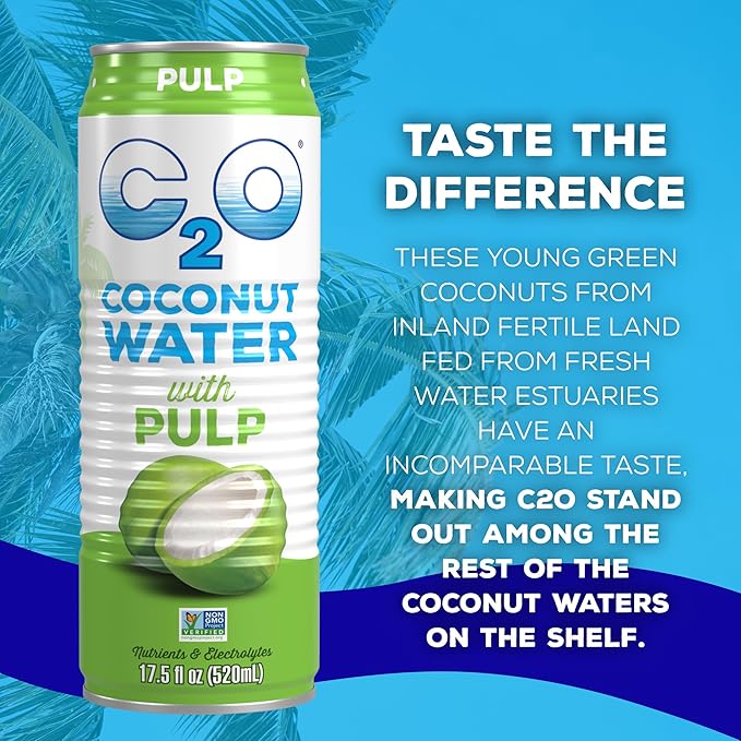 C2O - Coconut Water with Pulp (12 Pack) - Made with Fresh Coconut Water - Plant Based - Non GMO - Canned Water - Natural Hydration Essential Electrolytes &amp Potassium - 12 Cans 17.5 FL OZ