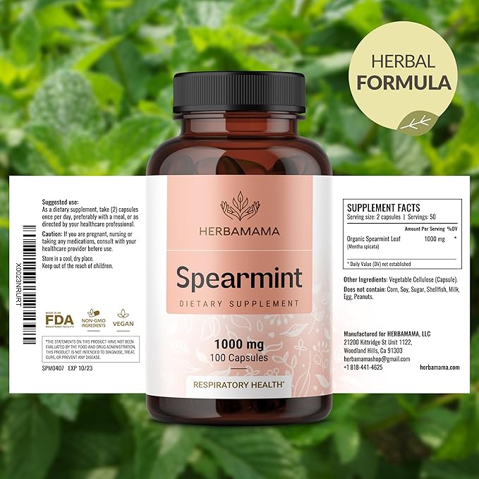 HERBAMAMA Spearmint Leaf Capsules - 1000mg Spearmint Leaves for Gut Cleanse &amp Digestive Support - Vegan Non-GMO Mentha Spicata Supplement