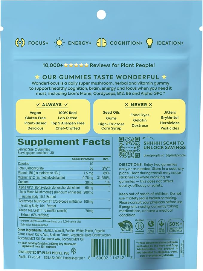 Plant People WonderFocus Mushroom Gummies with Lion’s Mane &amp Cordyceps - Nootropic Brain Supplement Boosts Memory Focus Energy &amp Mood in Adults | No Sugar 100% Vegan Citrus Flavor 60 Coun