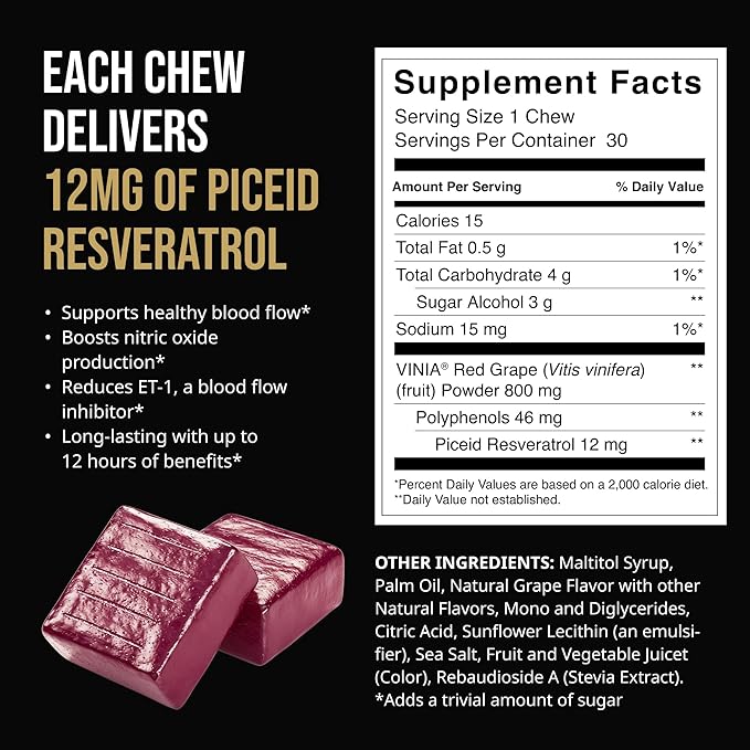 VINIA Resveratrol Heart Chews. Nitric Oxide Blood Flow &amp Circulation Support | Heart Health Energy Supplement | Non-GMO Sugar Free &amp Gluten Free Grape Flavor 30 Count