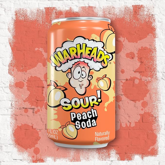 Sour Fruity Soda with Classic Warheads Flavors – Perfectly Balanced Sweet and Sour Soda - Warheads Candy Throwback Treat Soda Cocktail Mixer Pack of 12 12oz Cans (Peach)