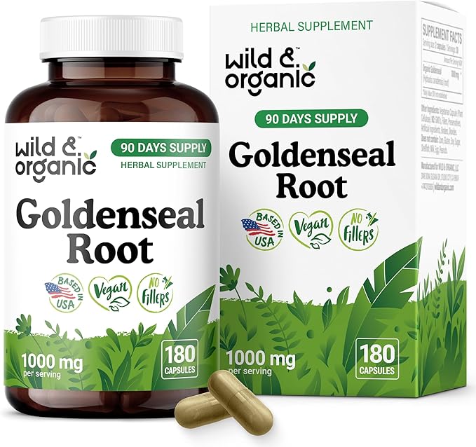 Wild &amp Organic Goldenseal Root Capsules 1000mg - Immune &amp Lung Support - 180 Goldenseal Powder Capsules - 90 Days Supply - Vegan No Fillers Non-GMO