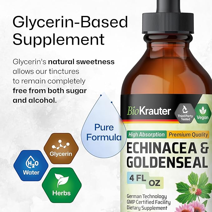 BIO KRAUTER® Echinacea Goldenseal for Immune &amp Respiratory Support - Pure Vegan Echinacea Drops with Goldenseal - Natural Respiratory Supplements 4 Fl.Oz 56-Day Supply - Alcohol &amp Sugar Free