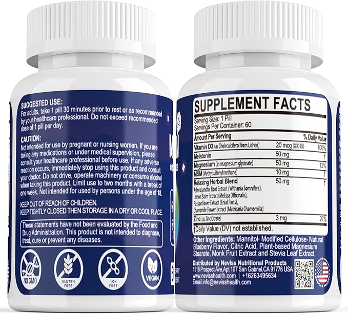 NEVISS Melatonin 50 mg for Adults - Extra Strength 9-in-1 Fast Dissolve Sublingual - High Dose with Magnesium Glycinate Vitamin D3 Ashwagandha Lemon Balm Chamomile Sugar FreeVegan 120 Tablets
