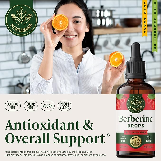 HERBAMAMA Berberine Liquid Drops - Vegan Antioxidant &amp Overall Support with Berberine HCL 500mg Extract Tincture - Non-GMO Alcohol &amp Sugar-Free Supplement 84-Day Supply
