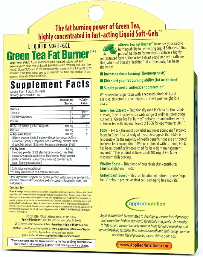 Applied Nutrition Green Tea Fat Burner - 30 Liquid Soft-Gels Pack of 3 - Increases Calorie Burning &amp Supplies Powerful Antioxidants - 45 Total Servings