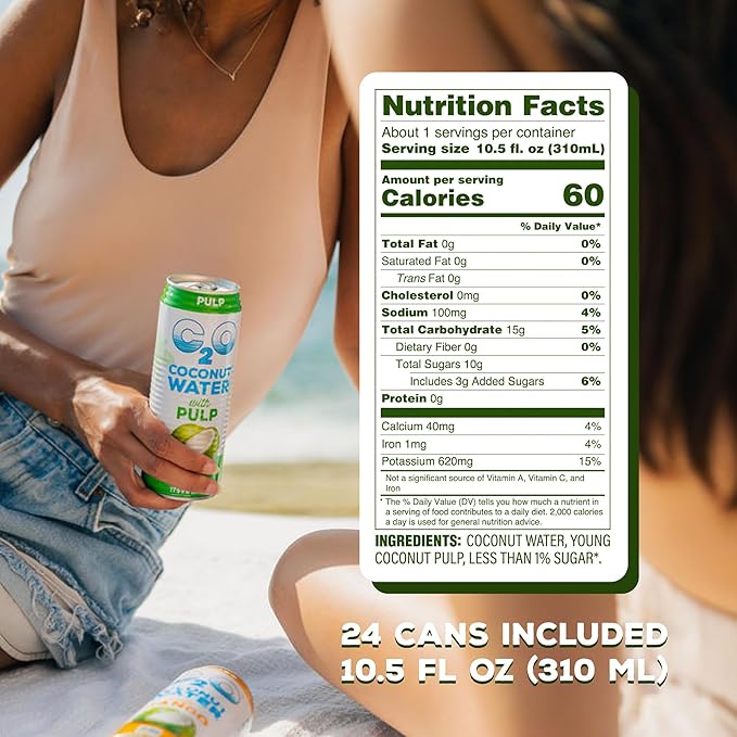 C2O - Coconut Water with Pulp (24 Pack 3 Boxes of 8) - Made with Fresh Coconut Water - Plant Based Non GMO Canned Water - Natural Hydration Essential Electrolytes &amp Potassium - 24 Cans 10.5 F
