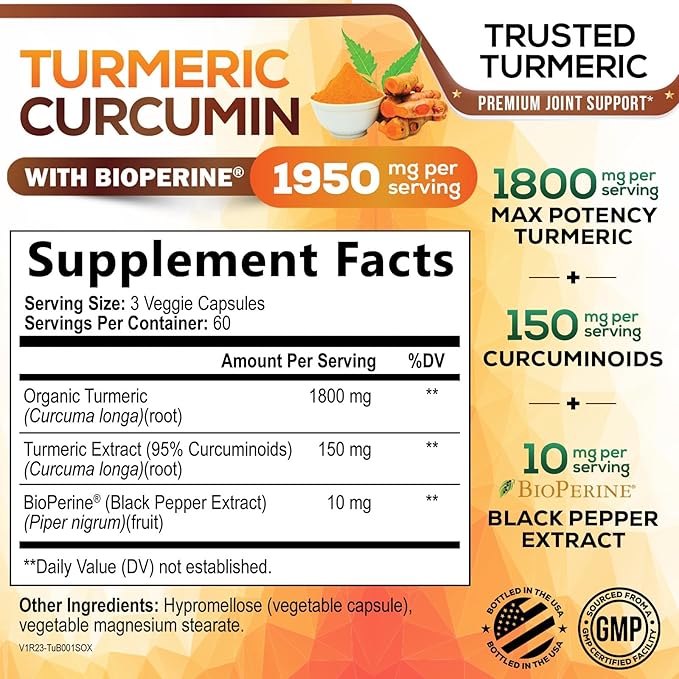 Turmeric Curcumin Supplement 95% Curcuminoids - 1800mg Organic Turmeric Per Serving - BioPerine Black Pepper Extract for Best Absorption Natural Joint Support Non-GMO Bottled in USA - 180 Capsules