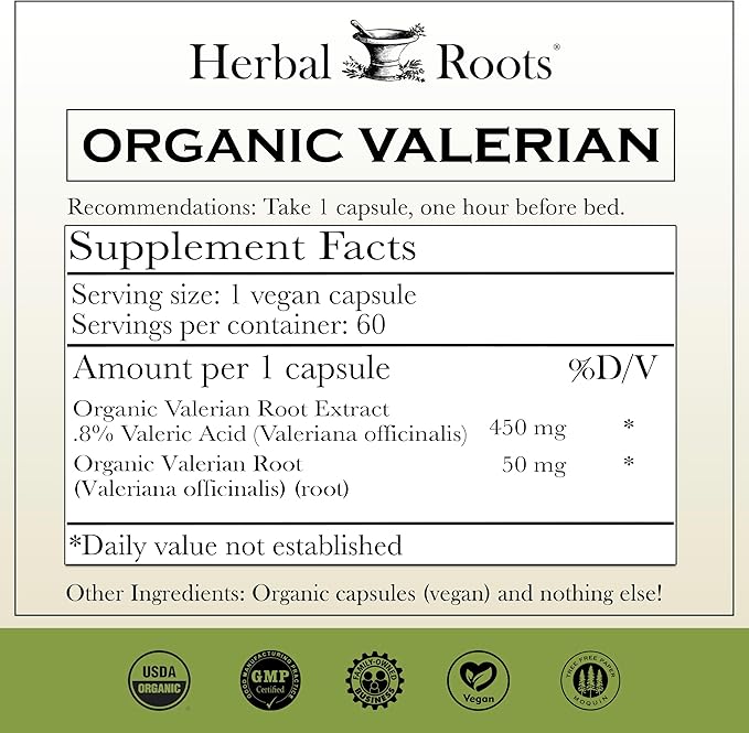 Herbal Roots Pure Organic Valerian Root Capsules - 900 mg - Non-Habit Forming with no Melatonin Non-GMO - 60 Count Vegan Capsules Herbal Supplement (Pack of 2)
