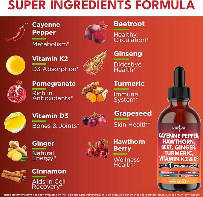 Cayenne Pepper Supplement Liquid Drops + Hawthorn Berry Vitamin D3 K2 Beet Root Powder Ceylon Cinnamon Turmeric Curcumin Organic Panax Ginseng - 8 oz