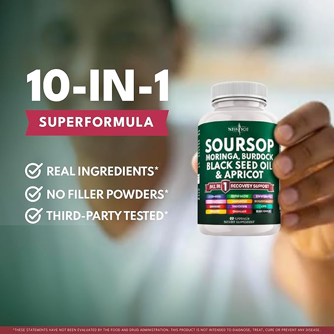Soursop Supplement - Moringa Sea Moss Black Seed Oil Berberine Turmeric Apricot Quercetin Greens Bitters Boswellia Bitter Melon Burdock Root - 60 Capsules