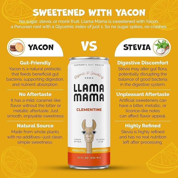 Llama Mama Clementine Organic Sparkling Prebiotic Soda • Gut &amp Immune Support • High Vitamin C Antioxidants • NO Sugar • NO Artificial Sweeteners • NO Stevia • Vegan Plant Fiber • 12 Pack