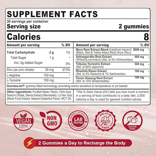 2 Pack Sugar Free Maca Root Gummies 2000mg with Ashwagandha Tribulus Terrestris Rhodiola Panax Ginseng L Arginine &amp L Tyrosine - Organic Black Red Yellow Maca Root for Women Men Energy Support