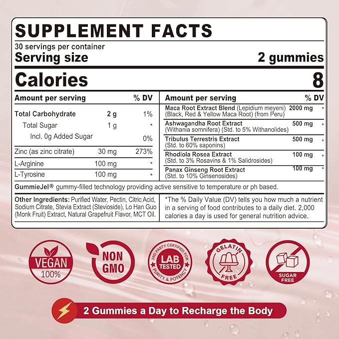 Maca Root Filled Gummies 2000mg for Women Men | Sugar Free | Organic Black Red Yellow Maca Root Supplement Gummy Chews with Ashwagandha Ginseng &amp Zinc | Vegan Non-GMO Grapefruit Flavor 60 Cou