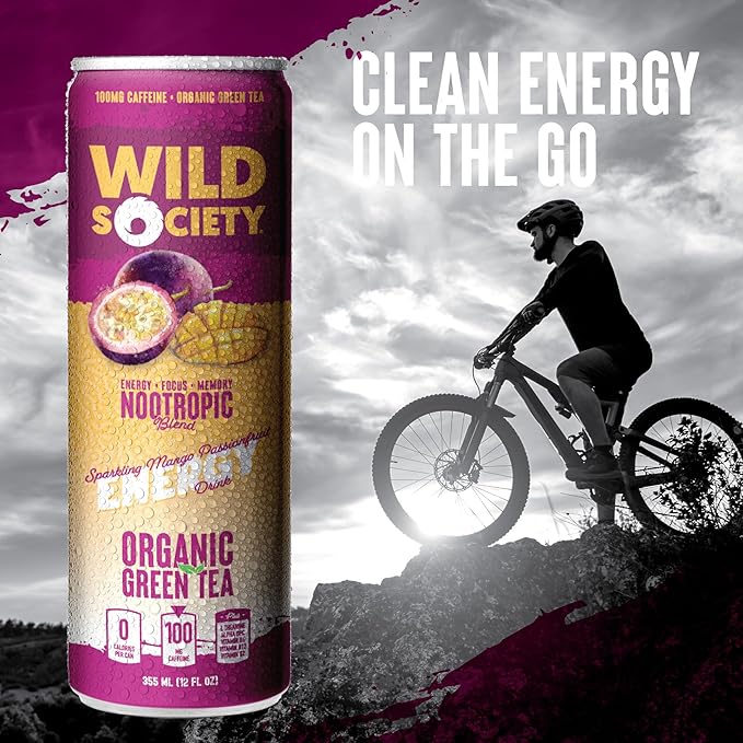 Wild Society Natural Energy Drink + Nootropics (12 pack) - 100mg Organic Caffeine from Green Tea - Zero Sugar &amp Zero Calories - Monk Fruit Sweetened - Clean Ingredients - Fuel Mind - Mango Passion