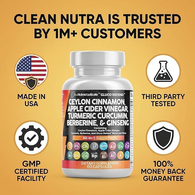 Clean Nutraceuticals Ceylon Cinnamon Capsules + Berberine Turmeric Apple Cider Vinegar Ginseng Bitter Melon Gymnema Milk Thistle Fenugreek Supplement Pills Powder for Men &amp Women
