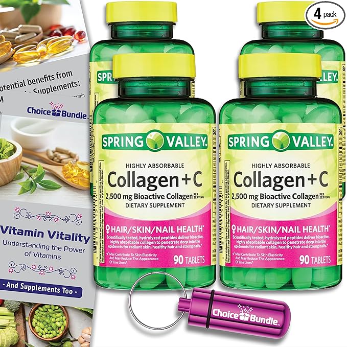 Spring Valley Highly Absorbable Collagen + Vitamin C Tablets Hair Skin Nail Health 2500 mg 90 Ct 4 pk (360 Total) + Vitamin Vitality &amp Pill Container (6 Items)!