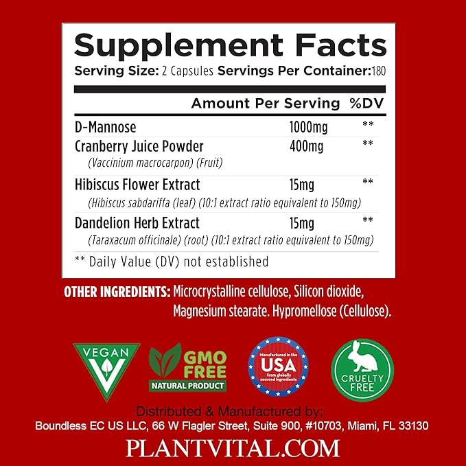 Plantvital D Mannose Capsules with Cranberry - D-mannose 1000mg Capsules - High Potency for Bladder Kidney and Urinary Tract Support. Cranberry Powder with Hibiscus and Dandelion. 6 Months Supply