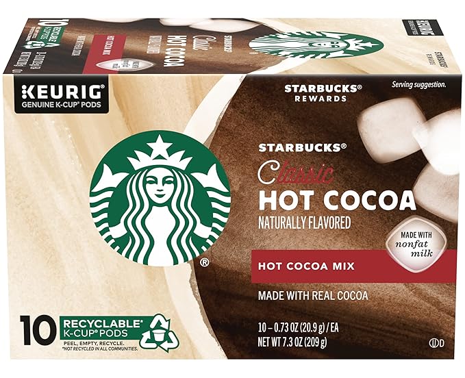 Starbucks Classic Hot Cocoa K-Cup Pods Made with Real Cocoa &amp Nonfat Milk K-Cup Pods for Keurig Brewing System 10 CT K-Cups Per Box (10 Count (Pack of 2))