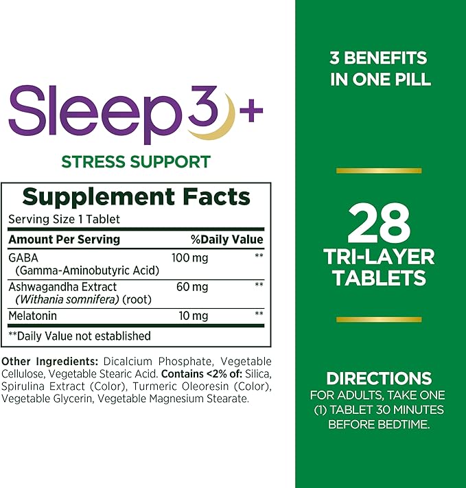 Nature's Bounty Sleep + Stress Support Sleep3 Maximum Strength 100% Drug Free Sleep Aid Dietary Supplement with Ashwagandha Time Release Technology 10mg 28 Tri-Layered Tablets (Pack of 2)