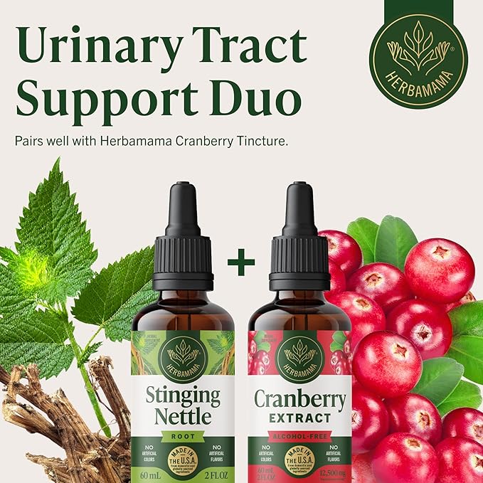 HERBAMAMA Stinging Nettle Tincture - Vegan Urinary Tract Support with Stinging Nettle Root Extract - Non-GMO Alcohol &amp Sugar-Free Urtica Dioica Supplement - 42-Day Supply