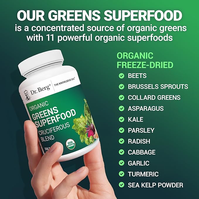 Dr. Berg's Greens Superfood Cruciferous Vegetable Tablets - Vegetable Supplements for Adults w/ 11 Phytonutrient Super Greens Tablets - Energy Immune System &amp Liver Veggie Tablets - 250 Tablets