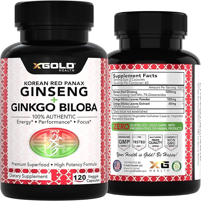 X Gold Health Korean Red Panax Ginseng + Ginkgo Biloba – 7% Ginsenosides Extra Strength – Energy Memory Focus &amp Brain Support – Premium Supplement for Men &amp Women – Non-GMO 120 Vegan Capsul