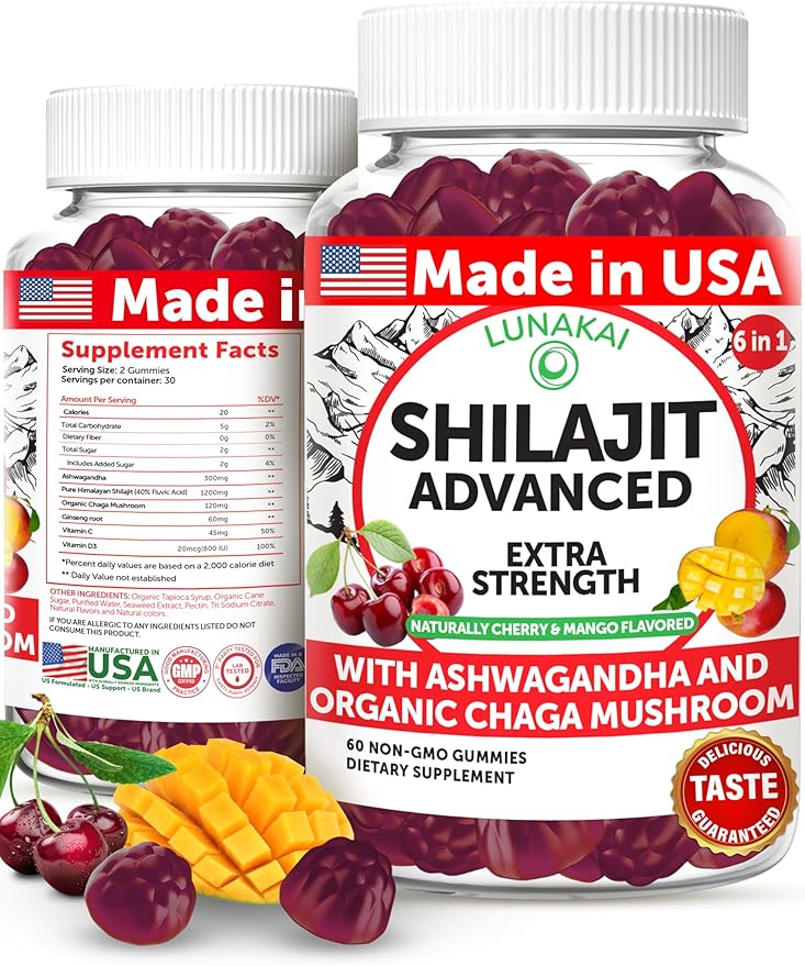 Lunakai USA Made 1200mg Pure Himalayan Shilajit Gummies for Men &amp Women with Ashwagandha &amp Chaga – Supplement for Daily Energy &amp Vitality Support 60ct