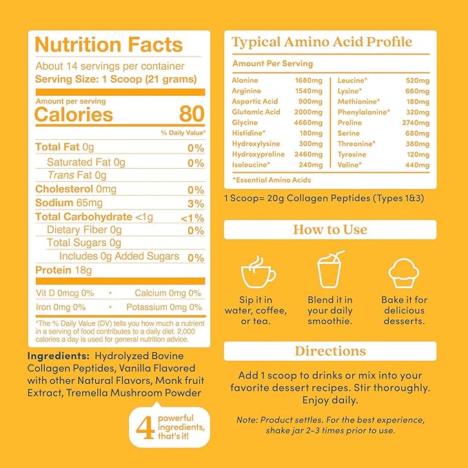 Further Food Vanilla Collagen Peptides Powder with Tremella Mushroom – 100% Grass-Fed Hydrolyzed Type 1 &amp 3 20g of Collagen per Serving Supports Skin Hair Nails &amp Joints 10.37 Oz