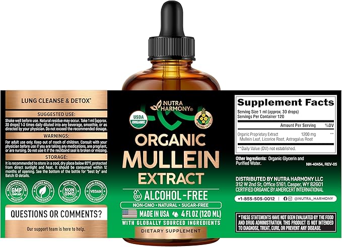 Mullein Drops for Lungs - USDA Organic Liquid - Mullein Leaf Extract Supplement - Made in USA - Lung &amp Bronchial Cleanse for Smokers - Respiratory Health Support - As Tincture Tea Pills - 4 fl o